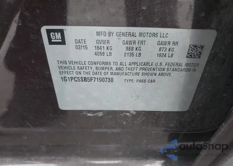 2015 Chevrolet Cruze 1Lt Auto из США, поврежденный, VIN 1G1PC5SB5F7190730